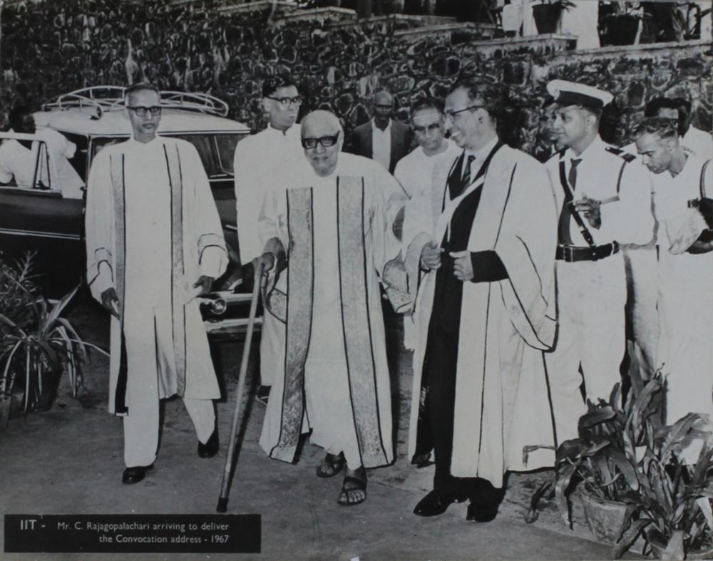 C. Rajagopalachari in academic robes with a walking stick, arriving at an IIT convocation in 1967.